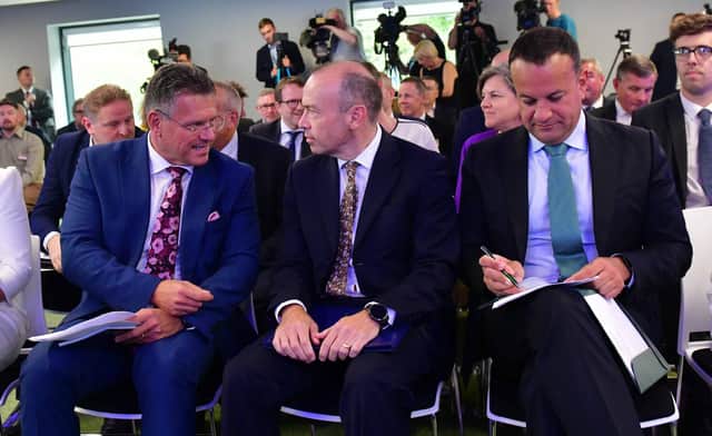 Maros Šefčovič, Chris Heaton Harris and Leo Varadkar in Belfast this month. Mr Šefčovič announced how £1,000 million of UK-provided money would be spent. Pic Colm Lenaghan/Pacemaker