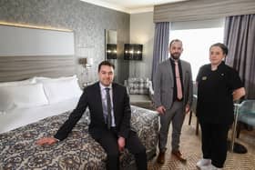 L-R: Eddie McKeever, Kris Cunningham and Kate in the newly refurbished rooms in the Dunsilly Hotel.
