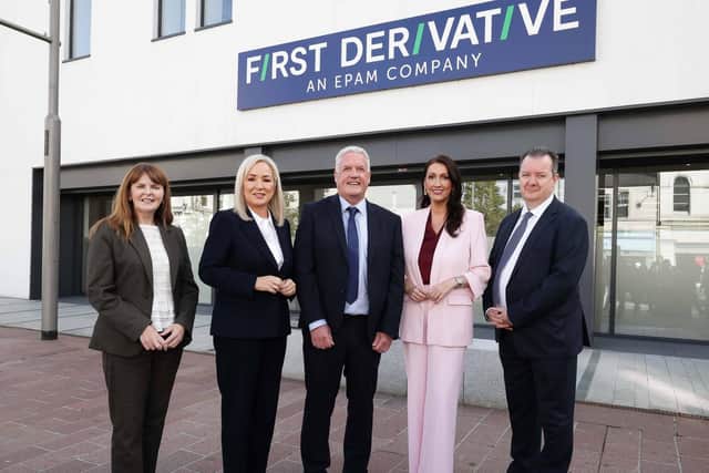 Global consulting firm First Derivative is investing £15.3 million in R&D and jobs at a new AI and Fintech Centre of Excellence. Pictured are Economy Minister Dr Caoimhe Archibald, First Minister Michelle O’Neill, Andrew Colhoun,head of First Derivative, deputy First Minister Emma Little-Pengelly and Kieran Donoghue, chief executive of Invest NI