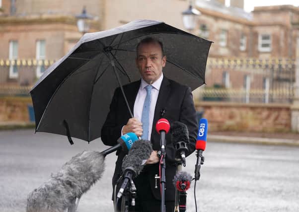 Northern Ireland Secretary Chris Heaton-Harris at Hillsborough Castle after meeting Stormont leaders over the Windsor Framework on Thursday. Lord Dodds says of him: "Overblown and windy statements are quickly followed by the sound of hot air disappearing from the punctured balloon". Photo: Brian Lawless/PA Wire