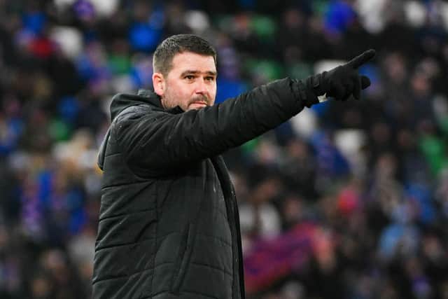 Linfield manager David Healy gestures during the game against Glentoran at Windsor Park.