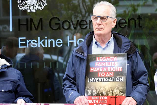 Sinn Fein's Gerry Kelly pictured protesting against the Legacy Act in central Belfast in 2024. He has now decided against retiring.