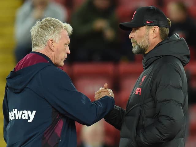 West Ham manager David Moyes and Liverpool boss Jurgen Klopp. Picture:  John Powell/Liverpool FC via Getty Images