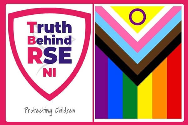 The logo of the new group (left), and the "progress pride" flag (right), incorporating the baby blue and pink of the trans movement