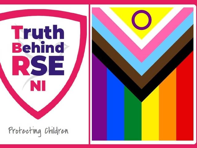 The logo of the new group (left), and the "progress pride" flag (right), incorporating the baby blue and pink of the trans movement