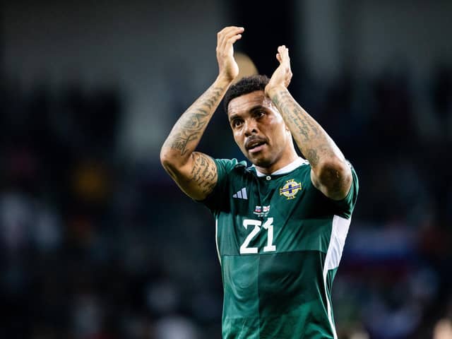 Northern Ireland's Josh Magennis applauds the fans following the UEFA Euro 2024 Qualifying Group H match at the Stozice Stadium, Ljubljana. PIC: PA Wire.