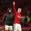 Donny van de Beek gestures to the Manchester United fans. (Photo by Martin Rickett/PA Wire)