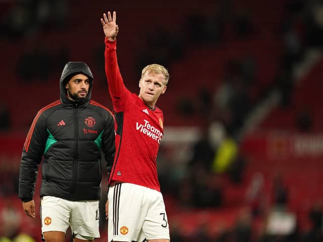 Donny van de Beek gestures to the Manchester United fans. (Photo by Martin Rickett/PA Wire)