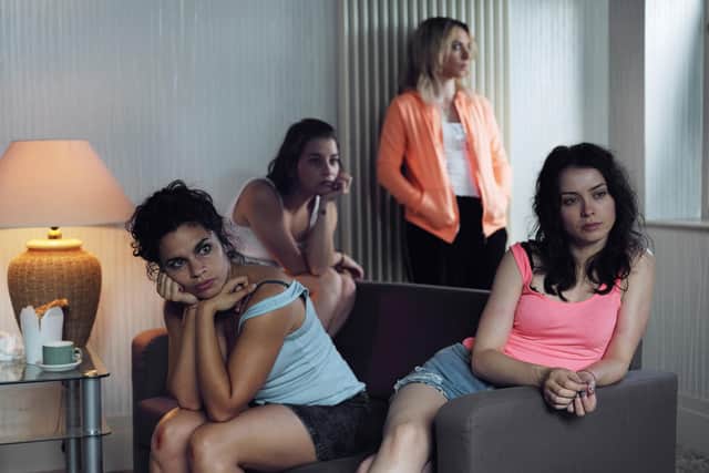 A scene from the BBC film, 'Doing Money' about 'Anna' and how she escaped from human traffickers in Belfast. Photographer: Phil Sharp  and gave evidence to MLAs in favour of criminalising the purchase of sex. From left Lily (Alina Serban), Skinny (Voica Oltean), Ancuta (Cosmina Stratan), Anna (Anca Dumitra).