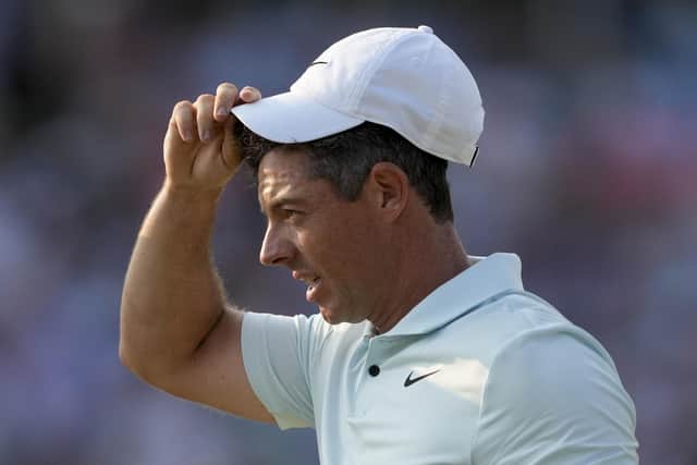 Rory McIlroy reacts after missing a putt on the 18th hole during the final round of the U.S. Open