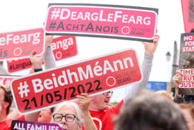 Irish language campaigners at a protest in Hillsborough in May 2022