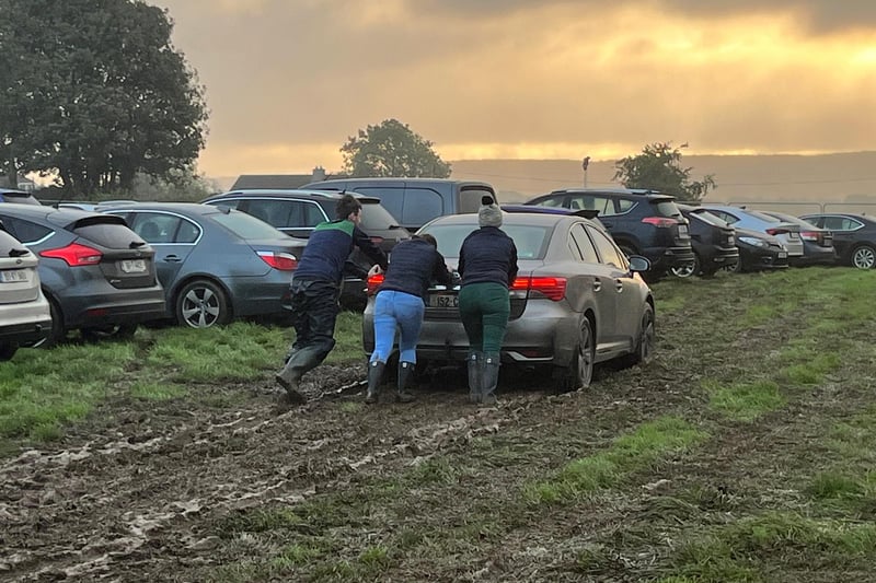 Cars stuck in muddy conditions on day two of the National Ploughing Championships at Ratheniska, Co Laois. Picture: Niall Carson/PA Wire