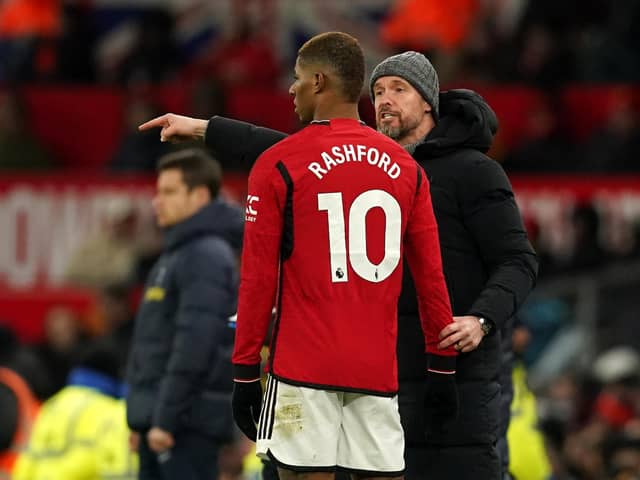 Manchester United's Marcus Rashford with manager Erik ten Hag. (Photo by Martin Rickett/PA Wire)