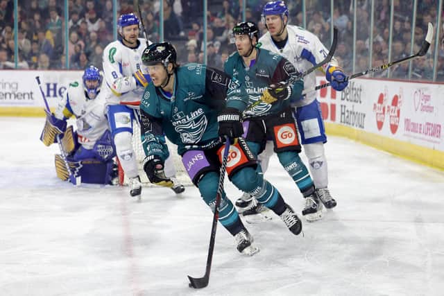 Belfast Giants’ Steven Owre with Fife Flyers’ Shane Owen during Wednesday nights Challenge Cup Final at the SSE Arena, Belfast.  Photo by William Cherry/Presseye