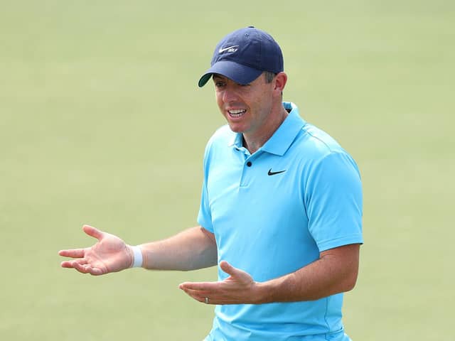 Rory McIlroy of Northern Ireland gestures on the 18th green prior to the DP World Tour Championship on the Earth Course at Jumeirah Golf Estates in Dubai, United Arab Emirates. (Photo by Andrew Redington/Getty Images)