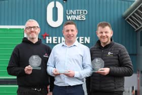 Three employees at Craigavon-based drinks firm United Wines have been recognised for their long service, having worked for the company for a combined total of 60 years.  Company accountant Rory Hill from Banbridge, stock controller Conor McStravick and his brother, goods in manager John McStravick, both from Aghagallon in Co Antrim, were each presented with a commemorative plaque and a gift voucher to mark 20 years’ service at the company’s County Armagh base