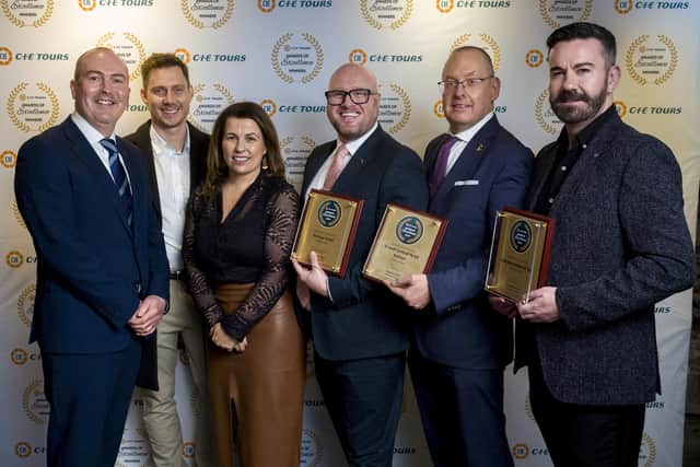 Stephen Cotter of CIE Tours is pictured with Andre Joubert, Culloden Estate & Spa; Patrice Lavery, Hastings Hotels; Andy McNeill, Europa Hotel; Jake McHugh, Grand Central Hotel and Cormac Fadden, Culloden Estate & Spa as Northern Ireland’s leading collection of hotels picked up three Merit Awards at the CIE Tours International Awards of Excellence which took place in Dublin