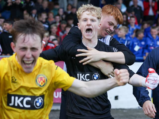County Londonderry players including goalkeeper Harry Pearson celebrate SuperCupNI victory in a penalty shoot-out over Manchester United across the Boys (Premier) section semi-final. (Photo by Matt Mackey/PressEye)