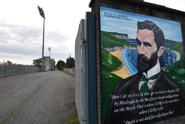 A general view of Casement Park on October 8, 2023 in Belfast, with a mural of 1916 rebel Sir Roger Casement, after whom the stadium is named
