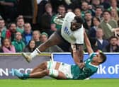 Ireland's Cormac Izuchukwu tackles Fiji's Eroni Mawi during the Autumn International match at the Aviva Stadium in Dublin