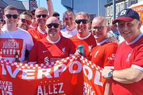 Robert Nethery (third left) with Liverpool fans from supporters' clubs in Coleraine and Limavady before Jurgen Klopp's final game. (Photo by Robert Nethery)