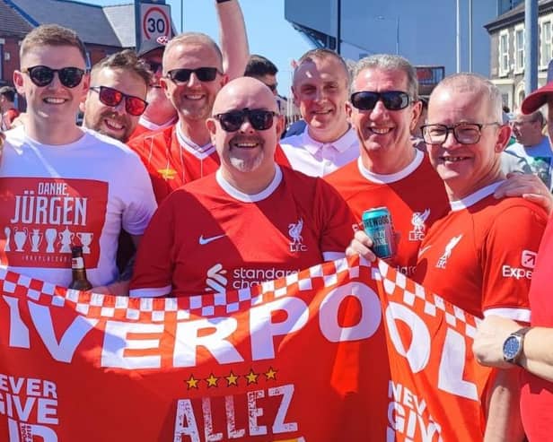 Robert Nethery (third left) with Liverpool fans from supporters' clubs in Coleraine and Limavady before Jurgen Klopp's final game. (Photo by Robert Nethery)