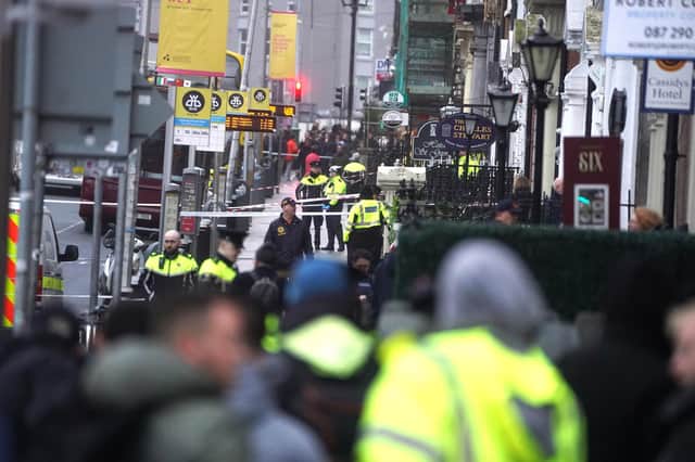 The scene in Dublin city centre after five people were injured, including three young children, following a serious public order incident which occurred on Parnell Square East shortly after 1.30pm.