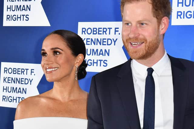 Prince Harry, Duke of Sussex, and Meghan, Duchess of Sussex, arrive at the 2022 Robert F. Kennedy Human Rights Ripple of Hope Award Gala at the Hilton Midtown in New York City on December 6, 2022
