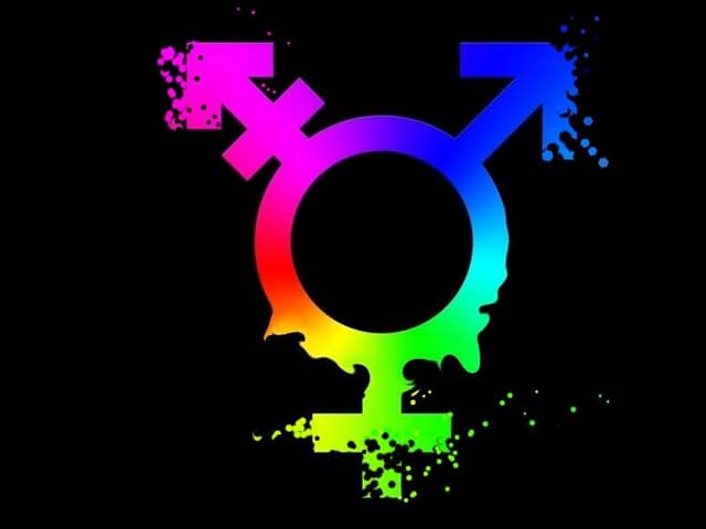 Graphic of a disintegrating male/female gender symbol