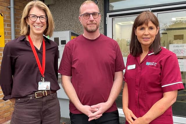 David McCauley pictured with Dr Kathryn Ryan, consultant medical biochemist, South Eastern Trust and Kelly Lyttle, FH specialist nurse
