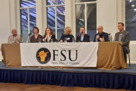 The Free Speech Union event at the Titanic Hotel in Belfast last evening, Friday January 26 2024, including Jeff Dudgeon, far left, Toby Young, who is speaking, and to his left the commentator David Quinn