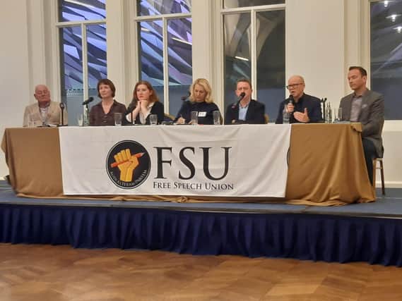 The Free Speech Union event at the Titanic Hotel in Belfast last evening, Friday January 26 2024, including Jeff Dudgeon, far left, Toby Young, who is speaking, and to his left the commentator David Quinn