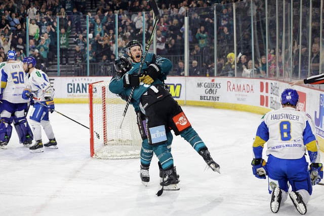 Belfast Giants’ Ben Lake celebrates scoring against the Fife Flyers with Mark Cooper during Wednesday nights Challenge Cup Final at the SSE Arena, Belfast.  Photo by William Cherry/Presseye