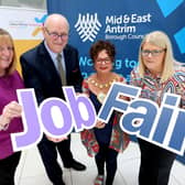 Mid and East Antrim Borough Council and The Department for Communities are hosting their next free job fair at The Braid in Ballymena – and are calling on local businesses seeking to fill posts to get in touch and register to take part. Pictured are Ashley Russell-Cowan DfC, Norman Sterritt MEA LMP, mayor alderman Gerardine Mulvenna and Hayley Barr MEA LMP