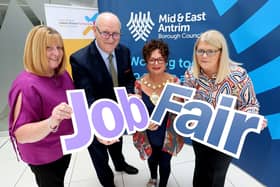Mid and East Antrim Borough Council and The Department for Communities are hosting their next free job fair at The Braid in Ballymena – and are calling on local businesses seeking to fill posts to get in touch and register to take part. Pictured are Ashley Russell-Cowan DfC, Norman Sterritt MEA LMP, mayor alderman Gerardine Mulvenna and Hayley Barr MEA LMP