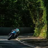 Michael Dunlop (Team Classic Suzuki GSX-R750) at Gorse Lea during the opening Classic Superbike practice session for the 2023 Manx Grand Prix.