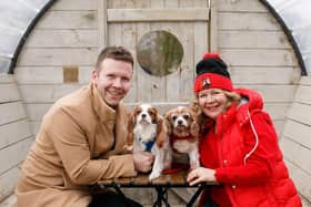 Owner of eightyfive90, Andrew Kelly and Rose with Glynis Hobson from Cavaliers in Need and Suzy. Both dogs were rescued from puppy farms by the charity and subsequently adopted by Andrew and Glynis