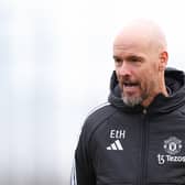 Erik ten Hag, the manager of Manchester United, looks on during a training session at Carrington Training Ground. (Photo by Matt McNulty/Getty Images)