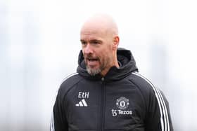 Erik ten Hag, the manager of Manchester United, looks on during a training session at Carrington Training Ground. (Photo by Matt McNulty/Getty Images)