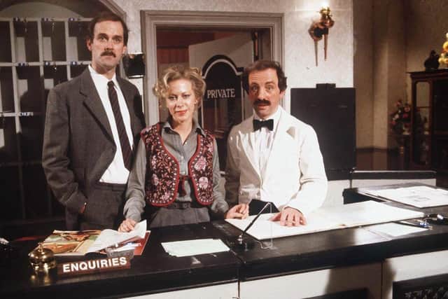 John Cleese, Connie Booth and Andrew Sachs in Fawlty Towers, 1979