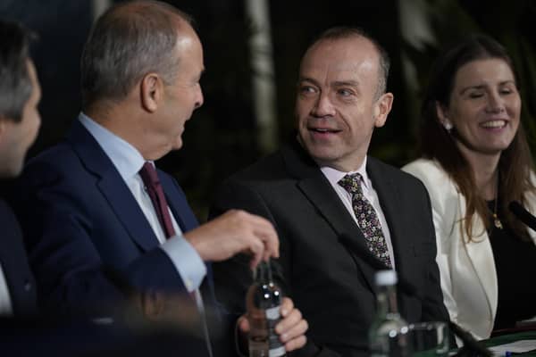 (left to right) Tanaiste Micheal Martin, Northern Ireland Secretary Chris Heaton-Harris and Secretary of State for Science, Innovation and Technology Michelle Donelan, at Farmleigh House, Dublin during the British-Irish Intergovernmental Conference