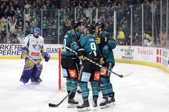 Belfast Giants’ Ben Lake celebrates scoring against the Fife Flyers in the Challenge Cup final
