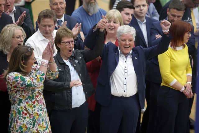The DUP's Alison Bennington celebrates being elected for Antrim and Newtownabbey Borough Council at the Valley Leisure Centre count in Newtownabbey today. 
PICTURE BY STEPHEN DAVISON:-