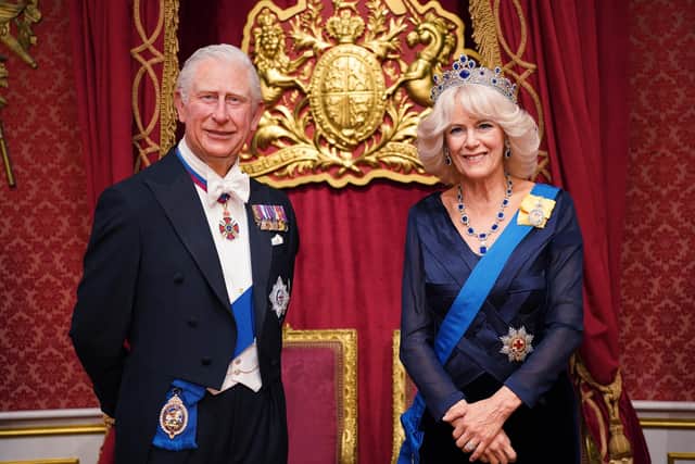A new Queen Consort wax figure placed next to a figure of King Charles III, at Madame Tussauds in London, ahead of the coronation of King Charles III on May 6.