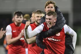 Larne's Aaron Donnelly celebrating the dramatic victory over Glentoran. (Photo by Arthur Allison/Pacemaker Press)
