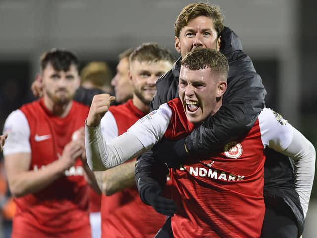Larne's Aaron Donnelly celebrating the dramatic victory over Glentoran. (Photo by Arthur Allison/Pacemaker Press)