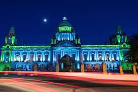 Belfast City Hall lit up for the anniversary of Conradh Na Gaeilge in July