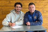 Limavady United manager Paul Owens with new signing Sean Carlin. (Photo by Limavady United FC)