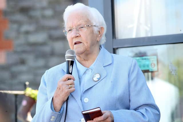 Baroness May Blood of the Integrated Education Fund (IEF) speaking at the ribbon cutting ceremony at Seaview Primary School in Glenarm as it transfers to Controlled Integrated Status. Photograph by Declan Roughan/Press Eye