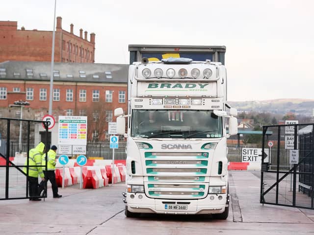 Lorries and goods being check at the Department of Agriculture, Environment and Rural Affairs checking facility in Belfast Port.